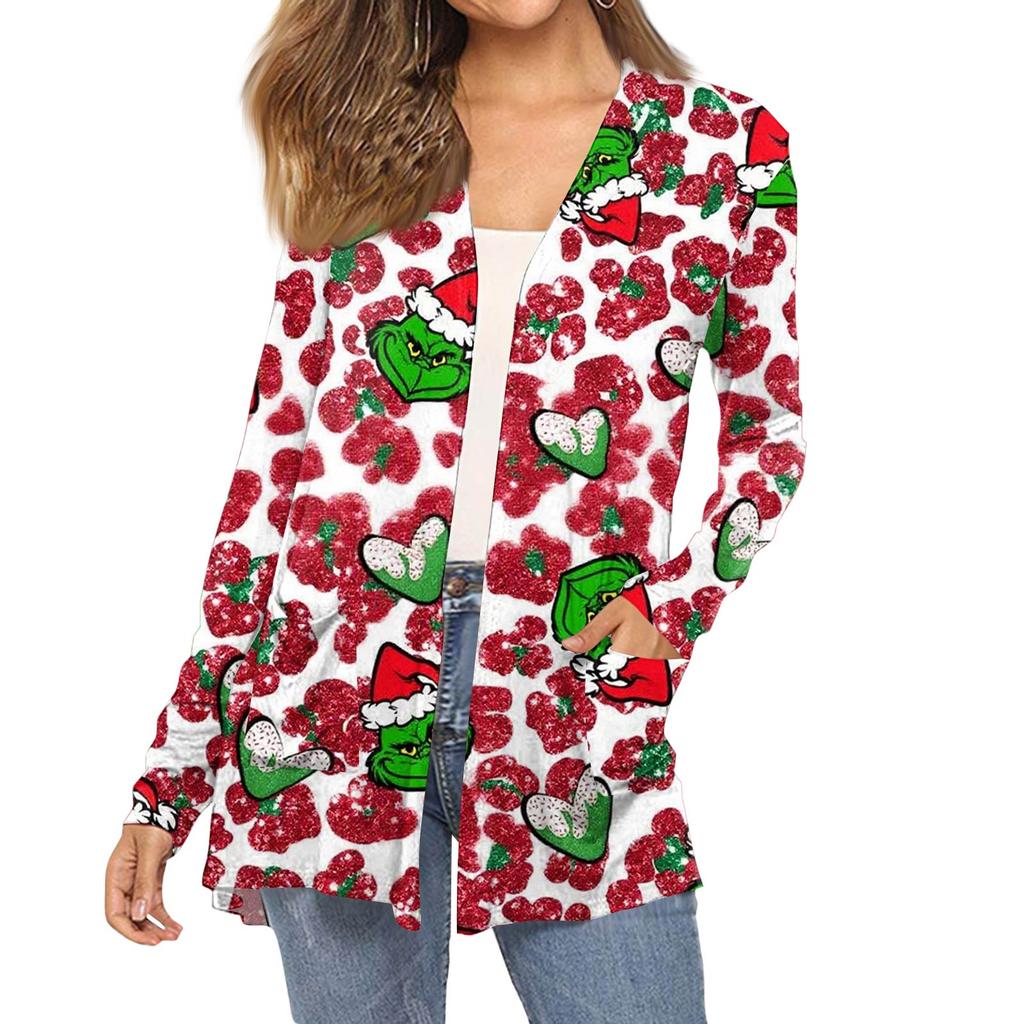 Women's Fashion Christmas Print Long-Sleeved Pocketed Slim-Fit Cardigan Coat