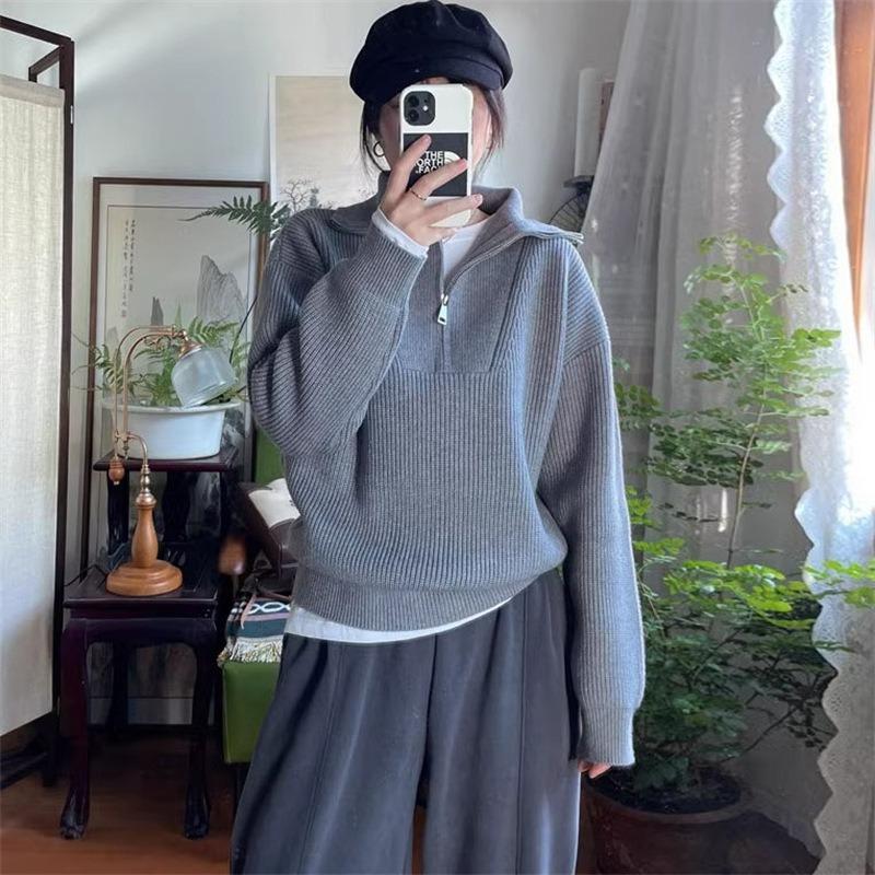 Autumn and Winter New Solid Color Top Lapel Half Zipper Simple Temperament Casual Pullover Knitted Sweater Women's Clothing