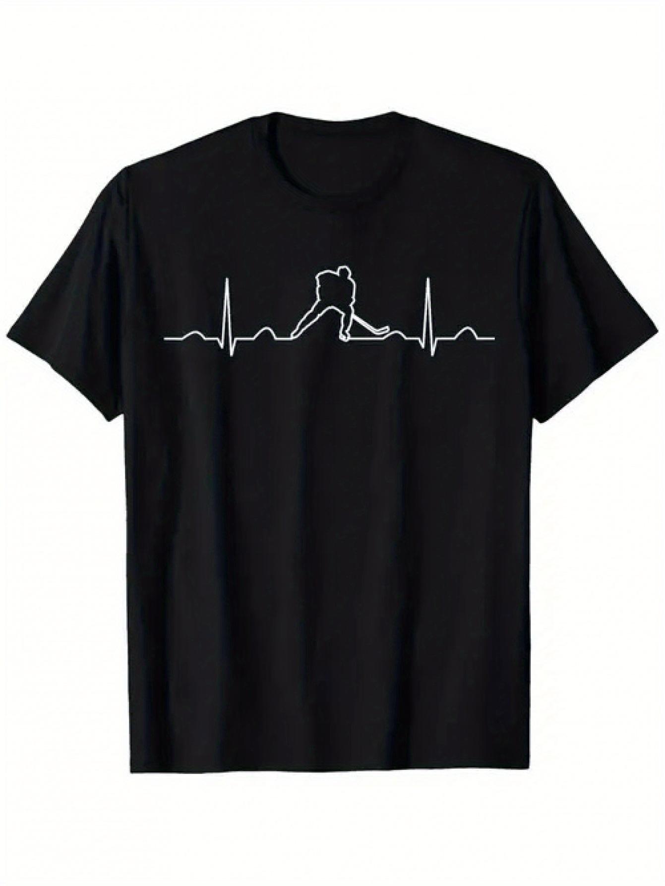 Men s Black Ice Hockey Player Heartbeat Pattern T-shirt Casual Cotton Knitted Short-sleeved T-shirt with White Heartbeat Desi... S разноцветный