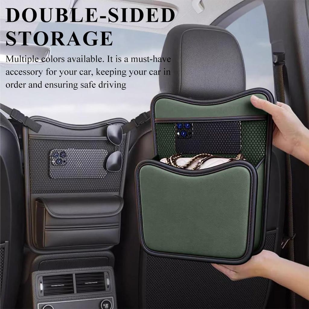 Car Organizer Storage Between Seats, Leather Large Capacity Automobile Handbag Hanging Store Content Bag, Auto Console Organizer Holder for Snack
