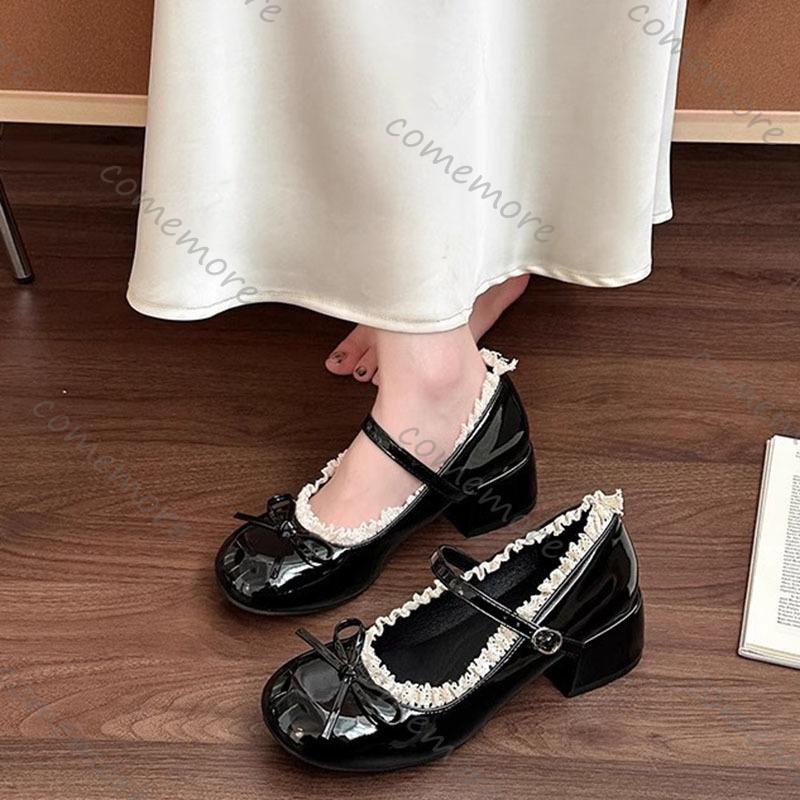 Fashion Comemore Bow Temperament High Heels Ballet Ladies Leather Shoes Retro Lace Edge Thick Middle Heel Pumps Mary Janes for Women