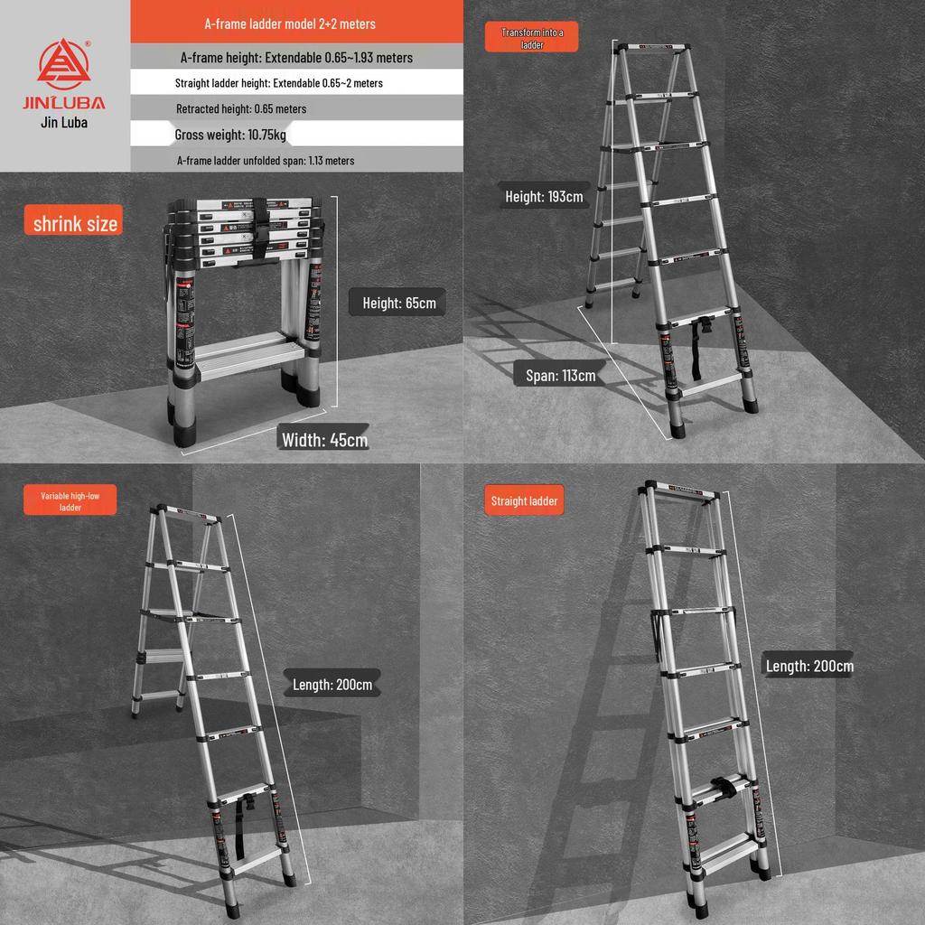 Jinluba Aluminum Telescopic A-Frame Ladder - Thickened, Stainless Steel, Bamboo Joint, for Household & Engineering Use
