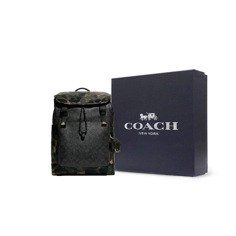 New COACH Coated Canvas With Soft Pebbled Leather Backpack Large Size Men's Black Monogram With Camouflage C9734-A5F