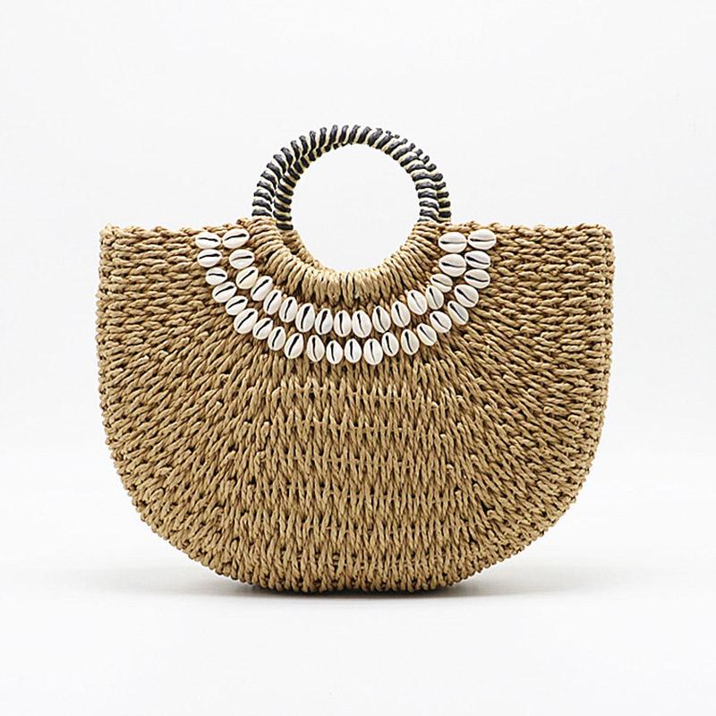 

Women s Handbag Handmade Drawstring Straw Bag Summer Woven Shell Large Capacity Beach Bag Bohemia Female Knitted Top-Handle Tote Small