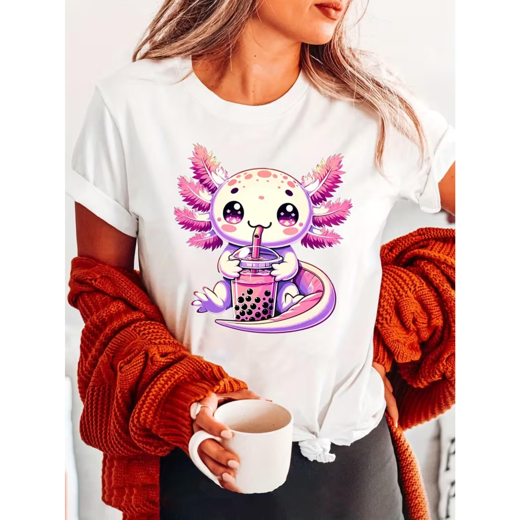 

Anime Cute Kawaii Axolotl Fashion Letter Print T-Shirt, Short Sleeve Crew Neck Casual Top for Summer & Spring, Women s Clothing S белый