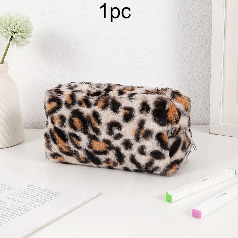 1pc Leopard Print Plush Makeup Bag Large-Capacity Cosmetic Bag Pen Case Unisex Travel Toiletry Organizer Bag