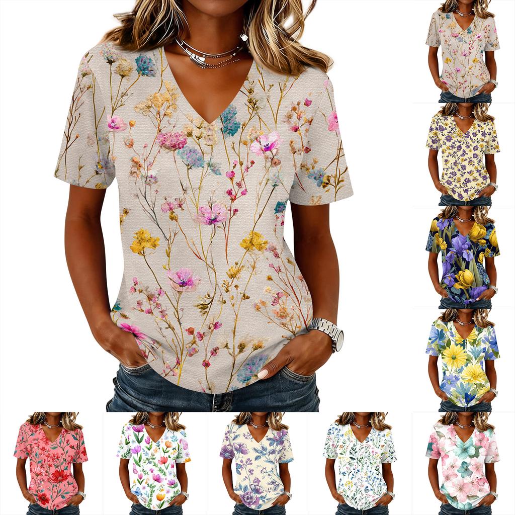 Modisches lässiges Damen-Pullover-Oberteil mit kurzen Ärmeln und Blumenprint, V-Ausschnitt