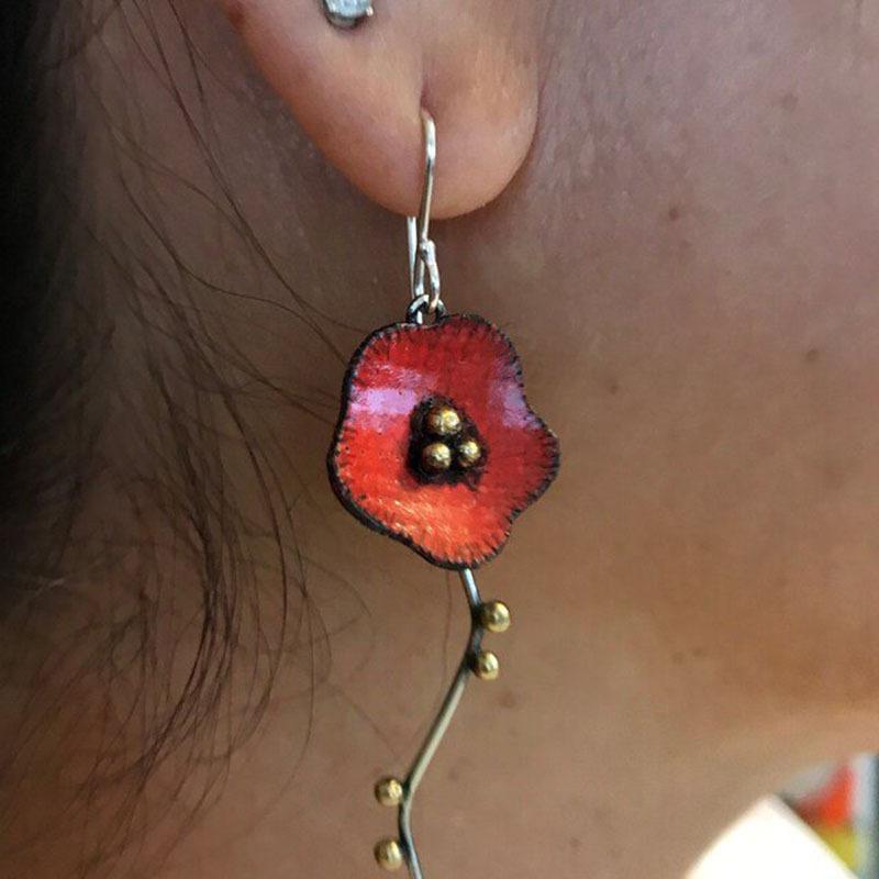 Vintage copper Color Round Red Flower Carving Dangle Earrings for Women Jewelry