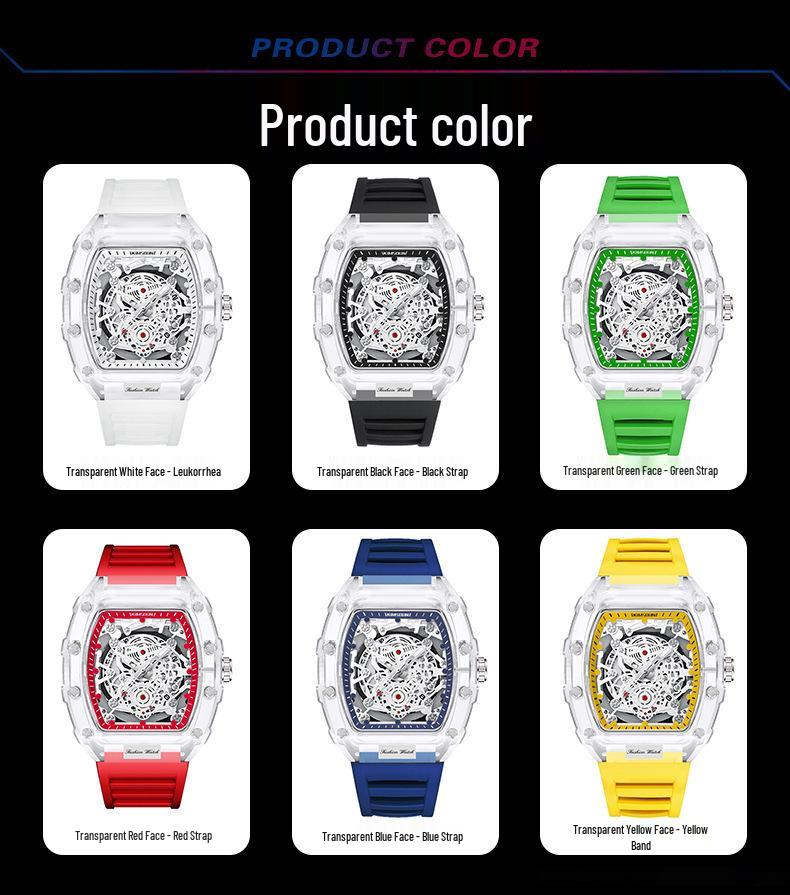 Men's Transparent Barrel-Shaped Quartz Waterproof Wristwatch