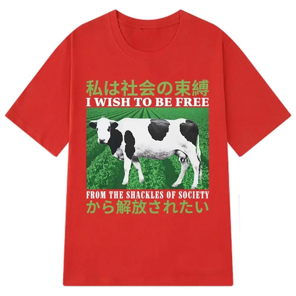 

I Wish To Be Free From The Shackles of Society Funny Cow Japanese Vintage T Shirts Women Summer Loose Casual Tees Streetwear 4XL