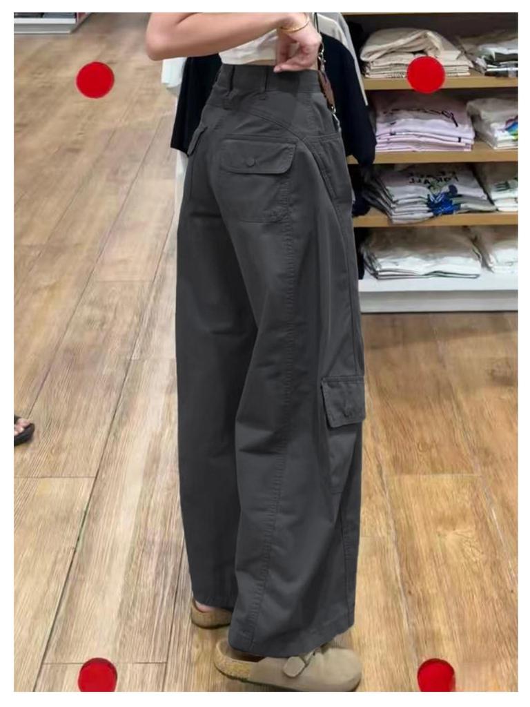 Women's Army Green High-Waisted Wide-Leg Cargo Pants - Petite, Loose-Fit, Slimming, Casual Spring 2026 Style