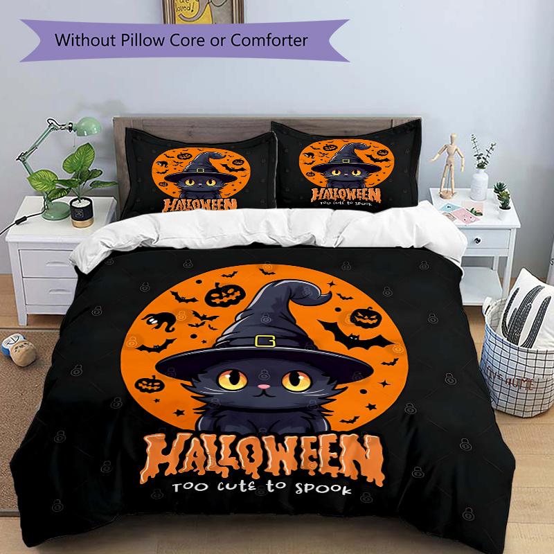 3pcs Cute Happy Halloween Cat Witch Hat Quilt Cover Set (1 Quilt Cover + 2 Pillowcases 135x200cm