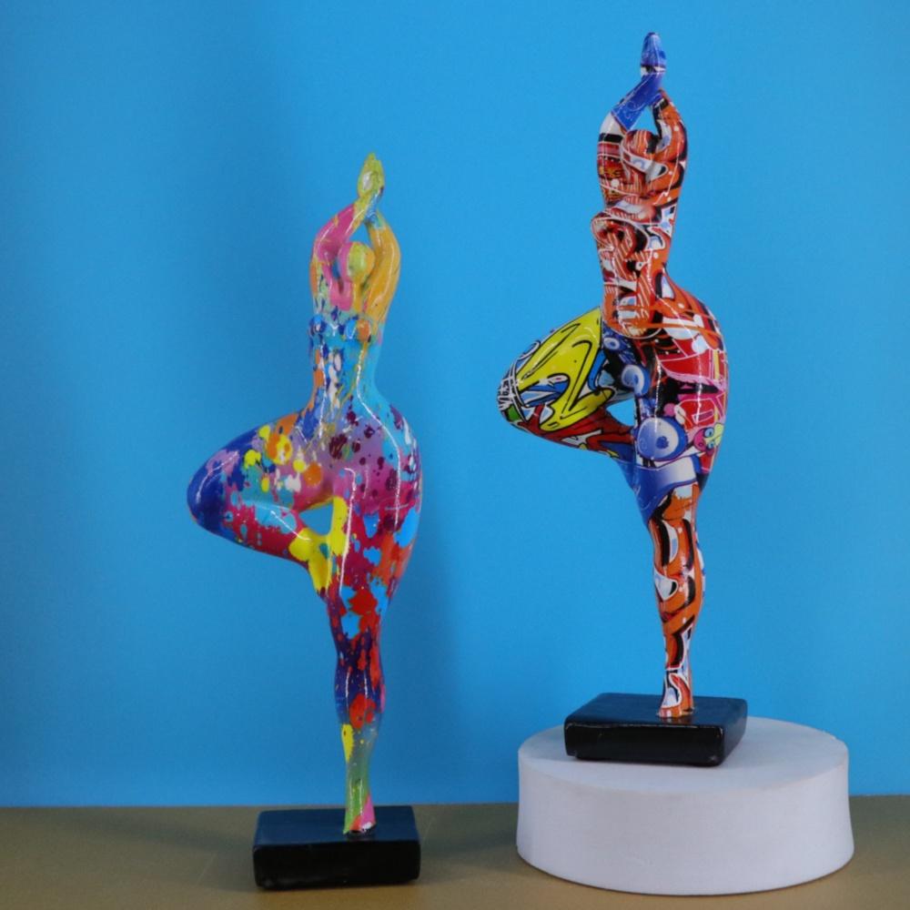 Graffiti Figurki Jogi Kobiety Kolorowa Abstrakcyjna Tańcząca Seksowna Rzeźba Kobiety Figura Żywicy Statua Wystrój Domowy Salon Biurko