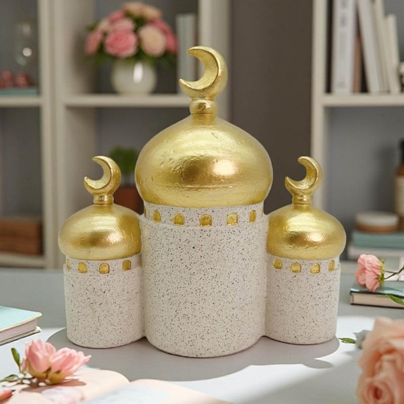 QX2E Gold und Weiß Moschee Turm Modell Tischornament Ramadan Dekorationen für Heimdekorationen Islamische Eid Mubarak Dekorationen