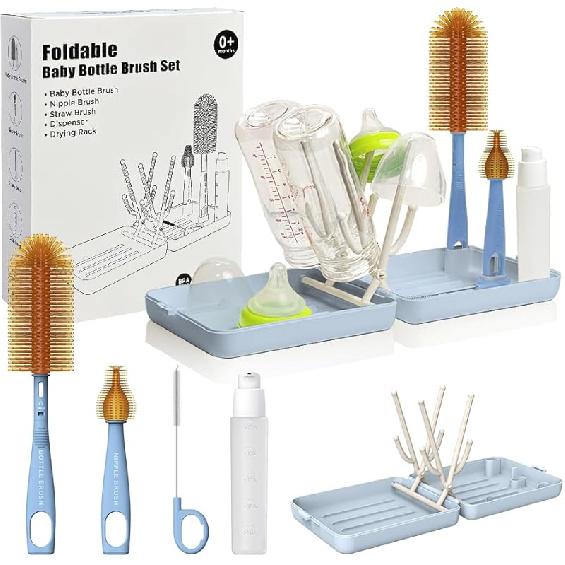 YOTIME Travel Bottle Brush, Travel Bottle Cleaner Kit with Foldable Bottle Drying Rack, for Visit Friends and Relations, Baby Travel Essentials, BPA