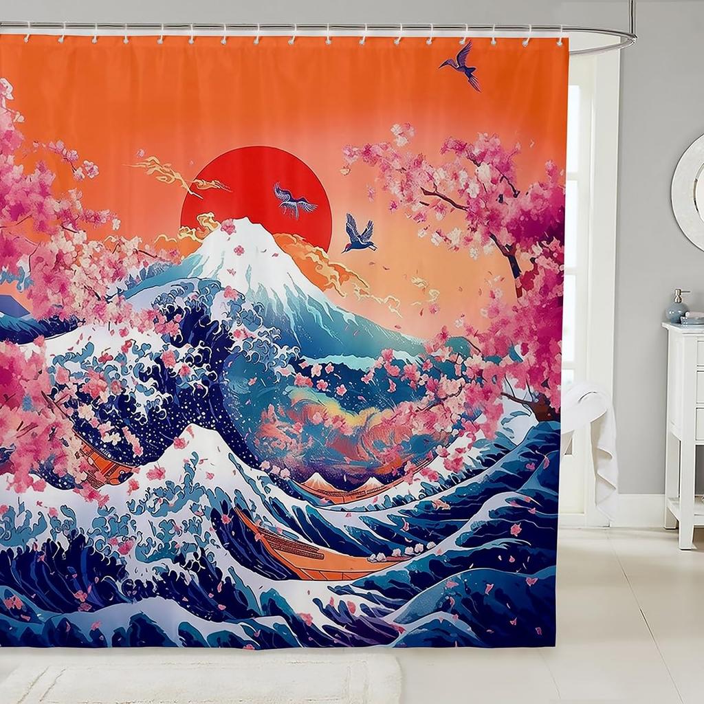 Sakura Tiger Shower Curtain Japanese Ukiyo Watercolor Red Sun Wild Animal Floral Kids Adult Bathroom Decor Hooks