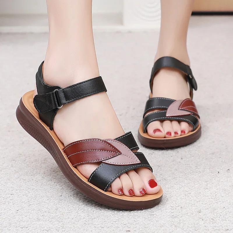 Fashion Genuine Leather Women's Sandals Summer Soft and Comfortable Non-slip Middle-aged and Elderly Mothers' Shoes Sandalias Femininas