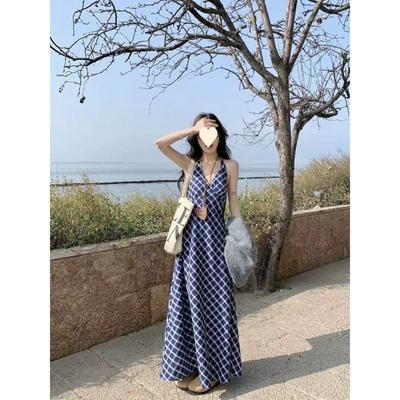 Temperament Contrasting Color Plaid Neck Suspender Skirt Women's Summer Retro High-end Dress, Thin A-shaped Long Dress