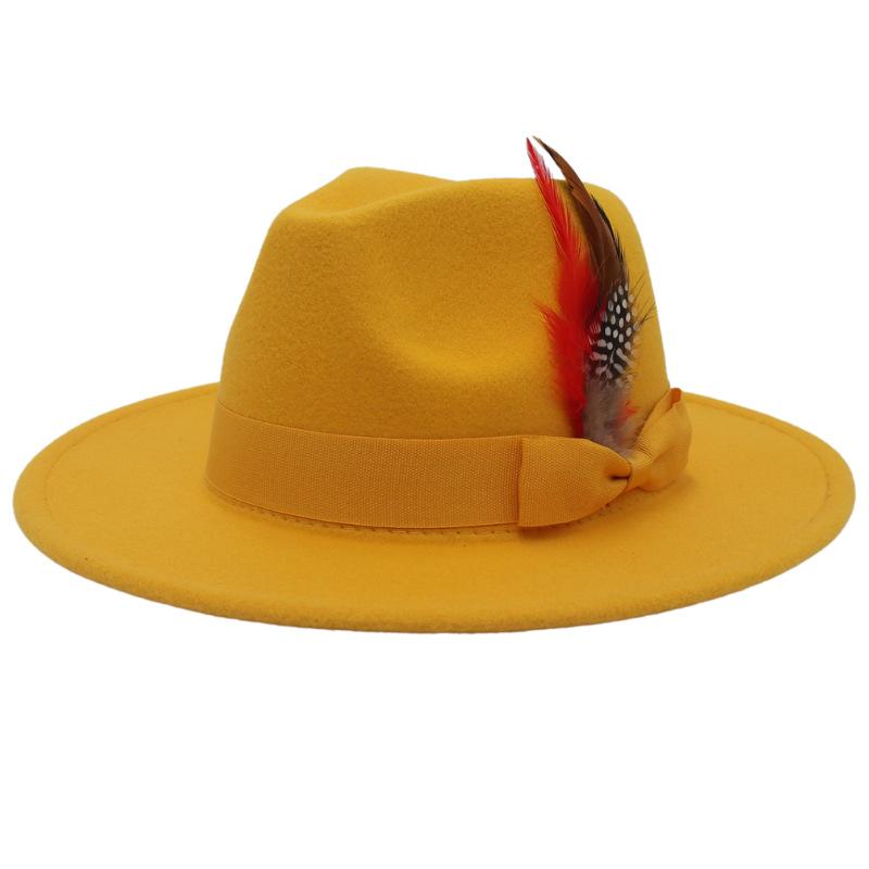 Bow Feather Top Hat Big Eave Hat Men'S And Women'S Cashmere Felt Hat Wind Hat