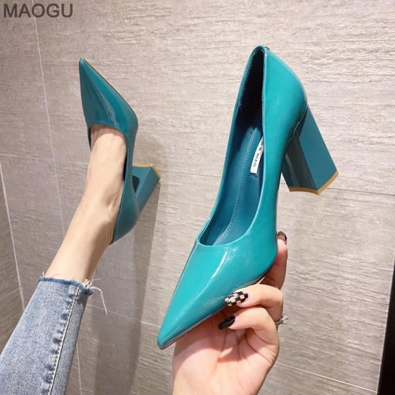 Women Shoes Patent Leather Slip-On Chunky Heel High Heels for Ladies Women s Pointed Toe Shallow Sexy Pumps Elegant Black 40 синий 2880₽