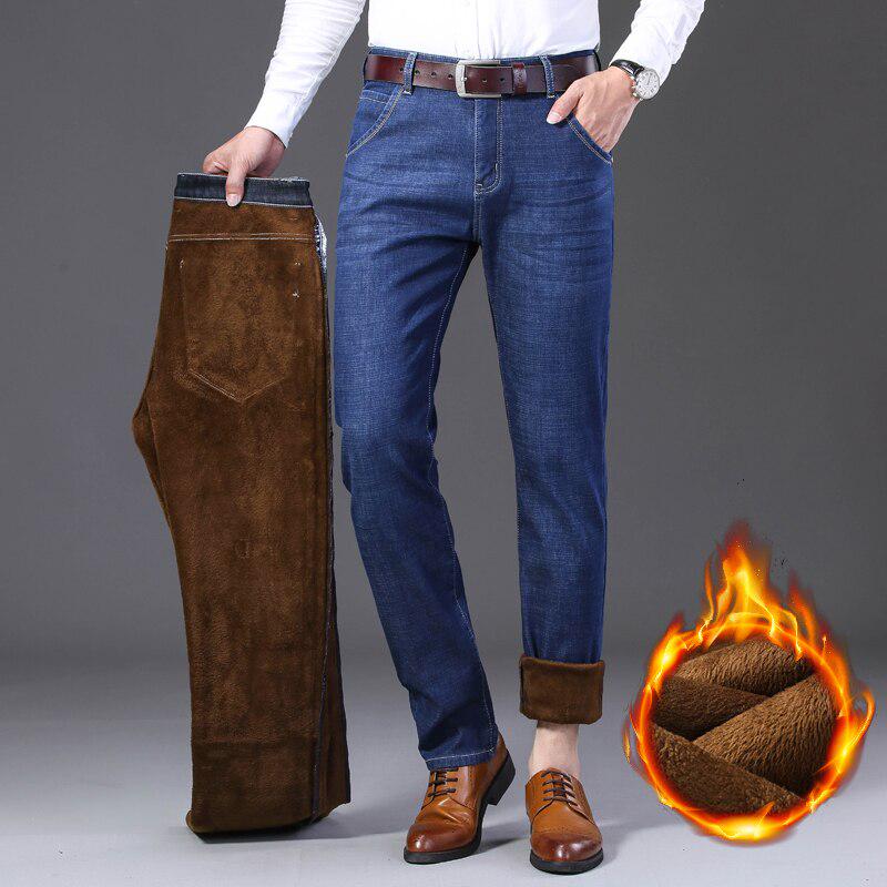 Plus Size Winter Men 'S Warm Jeans Classic Style Business Fleece Thick Stretch Denim Trousers Male Brand Black Blue