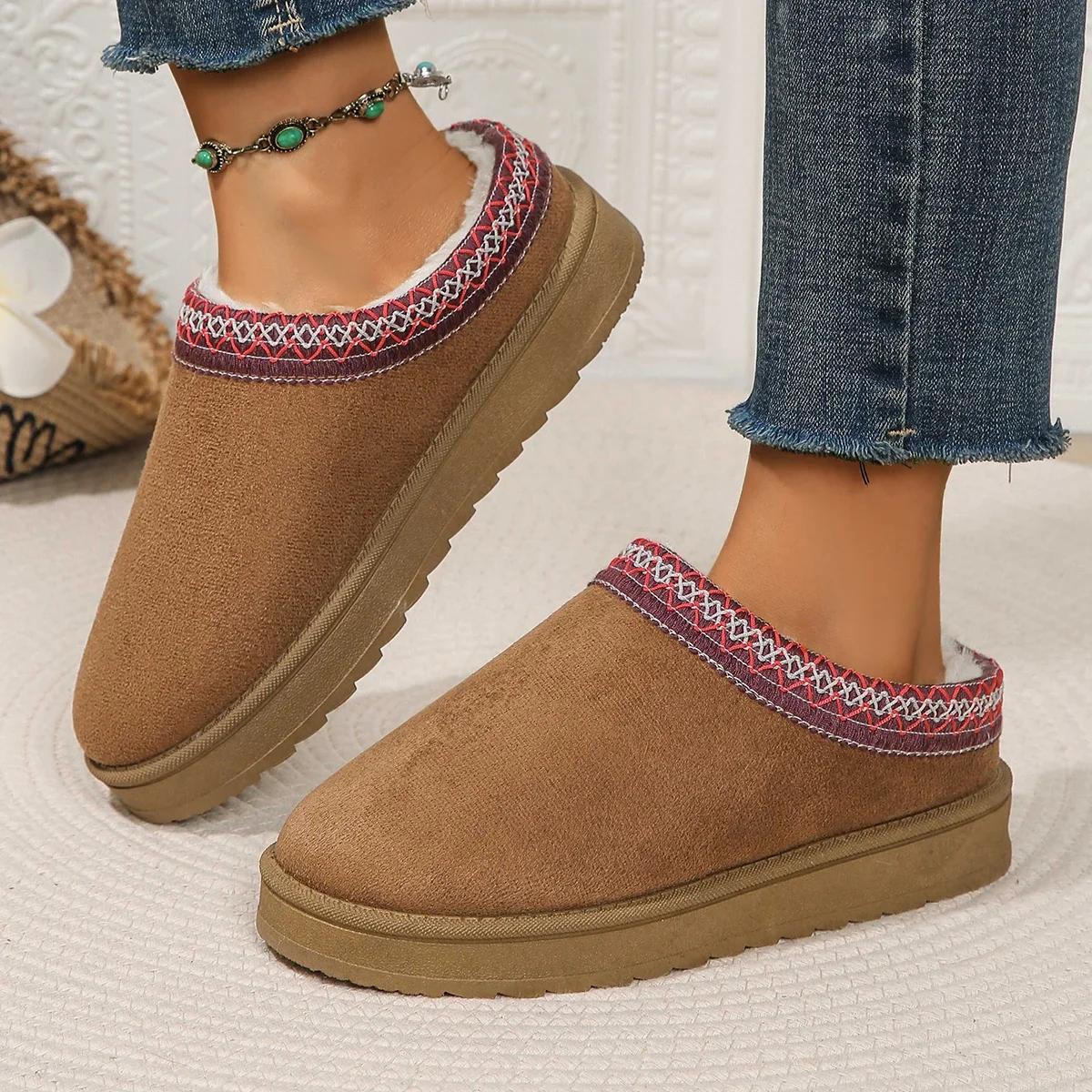 

Клетчатая вышивка Теплые пушистые плюшевые зимние ботинки Женские Утепленные теплые из искусственного меха Уличные тапочки Мягкая замша Обувь слипоны Большой размер 44