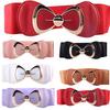 Women Bowknot Buckle Metallic Faux Leather Waistband Elastic Croset Waist Belt