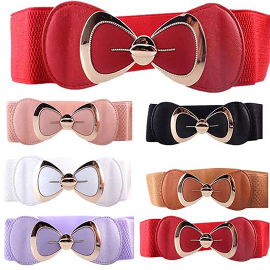 Women Bowknot Buckle Metallic Faux Leather Waistband Elastic Croset Waist Belt