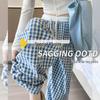 Women's Blue Plaid Wide-Leg Drawstring Pants - High Waist, Loose Fit, Floor-Length, Perfect for Summer Casual Wear