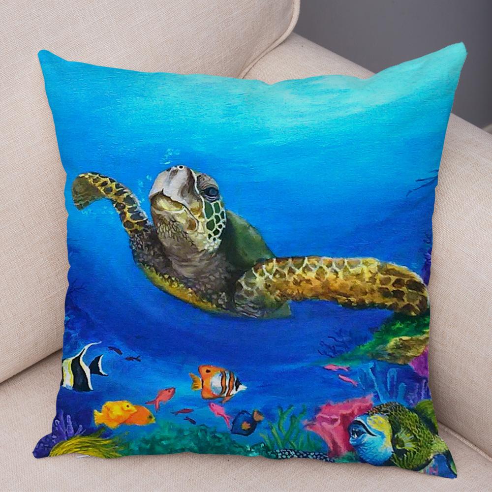 Marine Turtle Dolphins Shark Cushion Cover Short Plush Decor Colorful Ocean Animal Pillowcase Pillow Case for Sofa Home Car