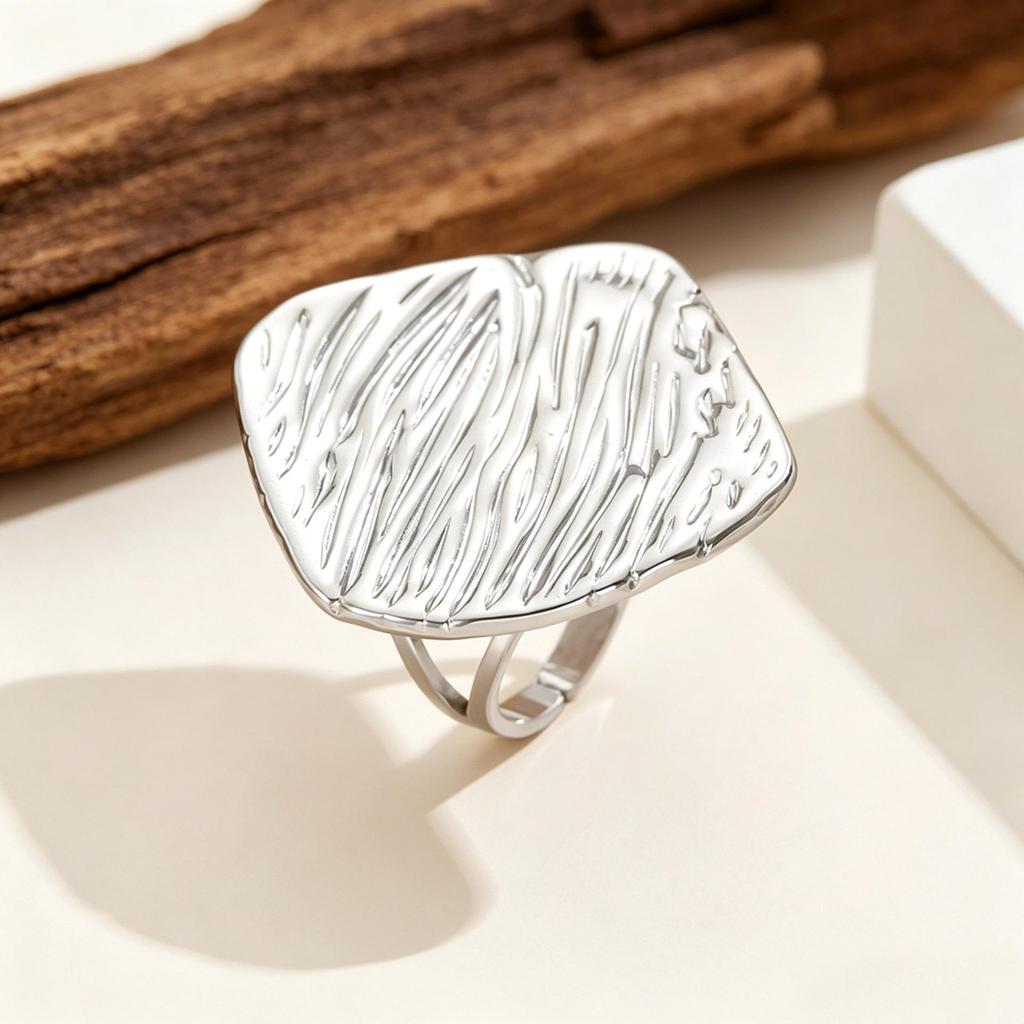 Geometric Stainless Steel Square Open Ring - High-End Luxury Design