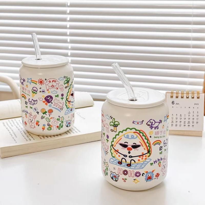 Children's cartoon graffiti cute ceramic bowl girl heart rice bowl with lid cup hat bowl set