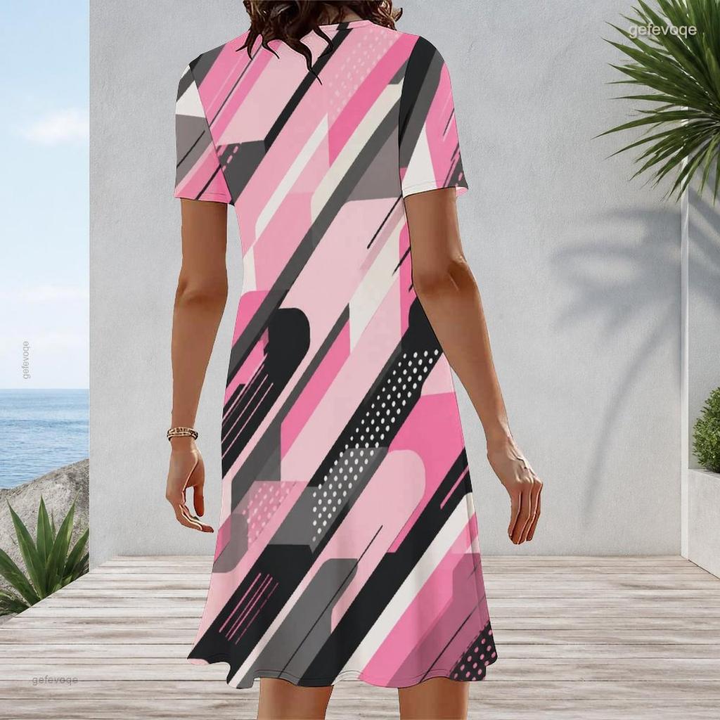 Women Plus Size Round Neck Short Sleeve Geometric Printed A Line Midi Dress