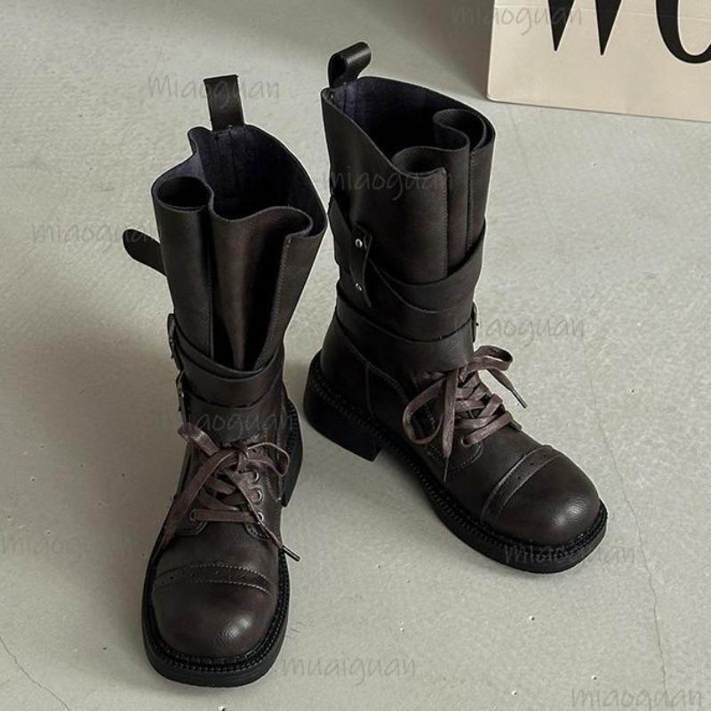 Design Metal Belt Buckle Mid Calf Boots Women 2025 Punk Medium Heel Western Cowboy Boots Autumn Winter Shoes Women 35 36