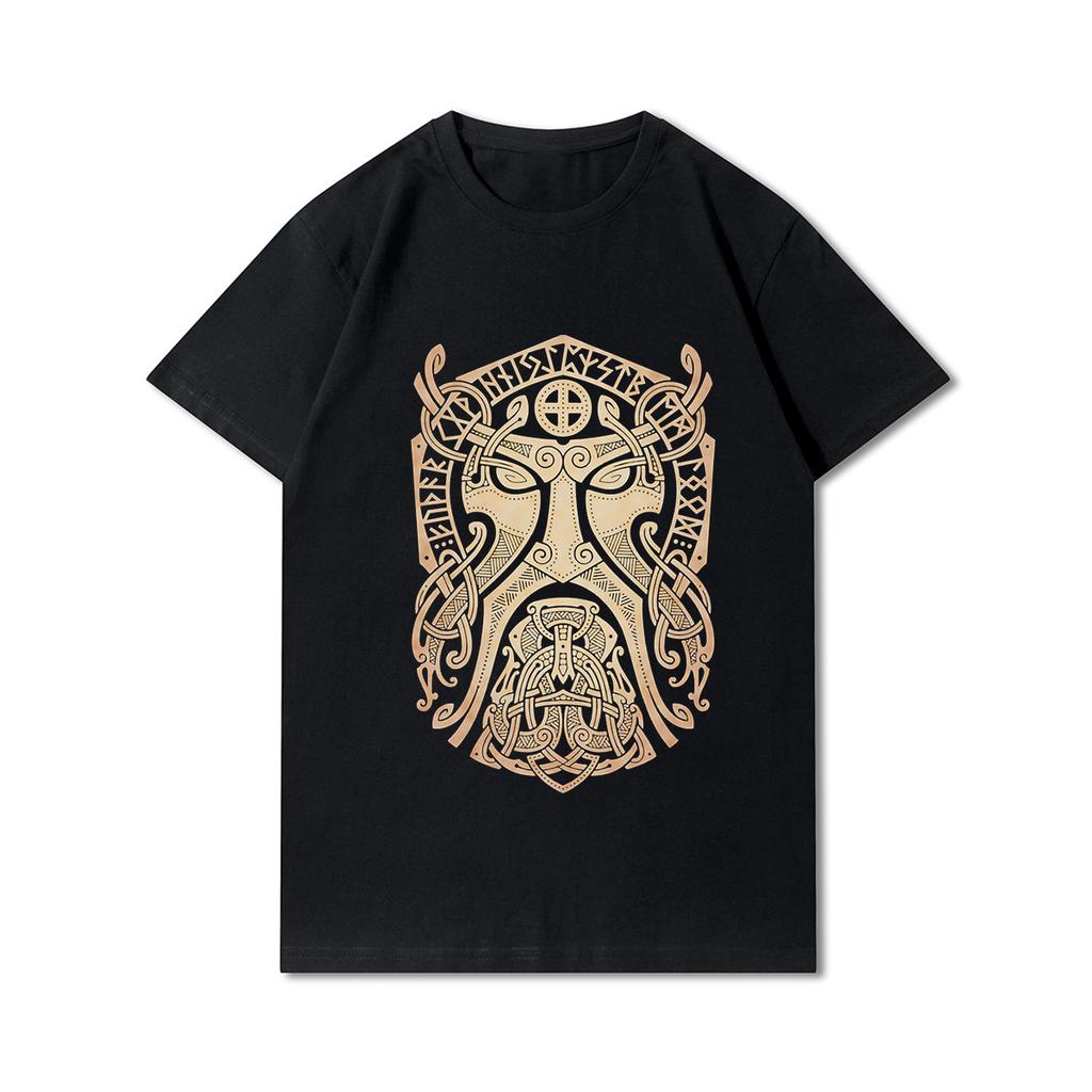 100% Cotton Summer Men T Shirts Viking Vintage Skull Beard with Headphone Printed Casual Top Tees