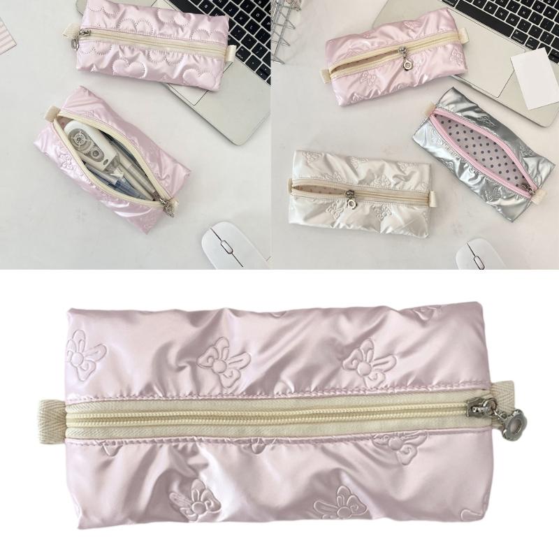Bowknot Print Pencil Case High Capacity Pen Pouches Portable Pen Organizers Bag Travel Makeup Bag for Student Women Girl