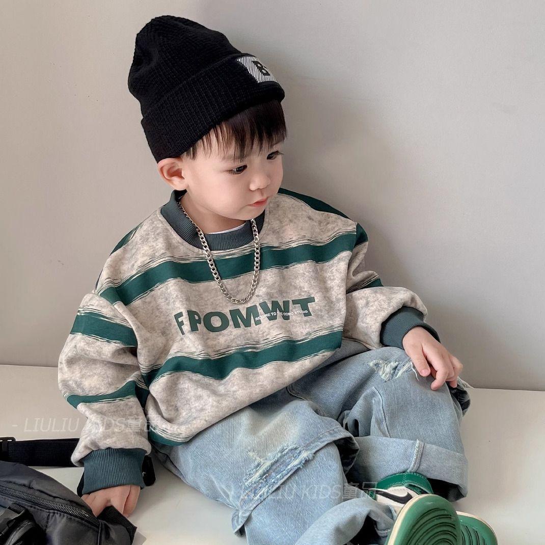 Boys Striped Crewneck Sweatshirt Thin Loose Fit Trendy Top for Spring and Autumn 80