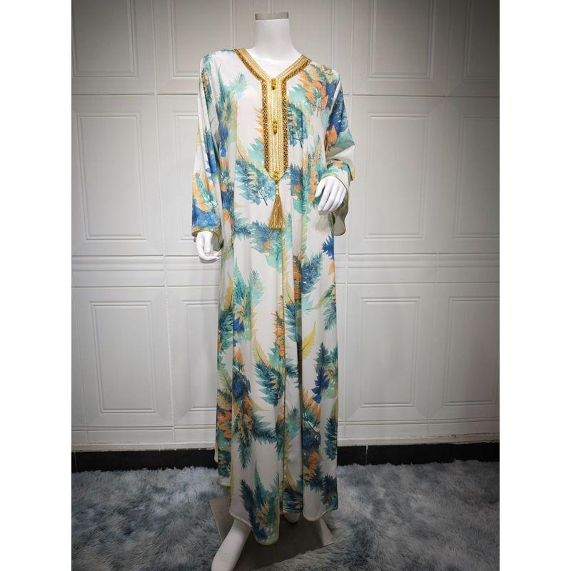 Middle East Print Hot Drilling Ribbon Tassel Robe Elegant Amazon Women Jumpsuit Long dress Dubai Travel Dresses