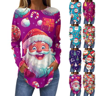 Lässiges T-Shirt für Damen in Übergröße mit langen Ärmeln und Rundhalsausschnitt und Weihnachtsdruck