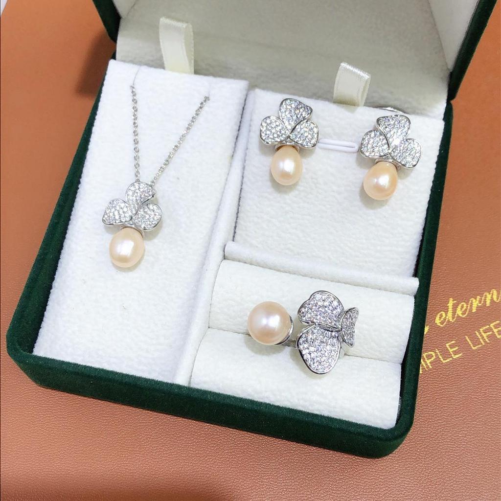 Freshwater Pearl Inlaid Pendant, Earrings & Ring Set - Fashionable Three-Piece Jewelry Collection