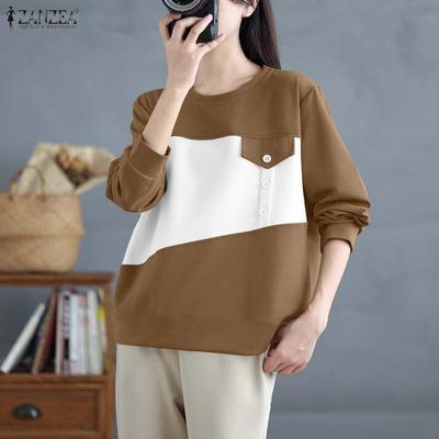 Women Casual Round Neck Long Sleeve Patchwork Thin Sweatshirts