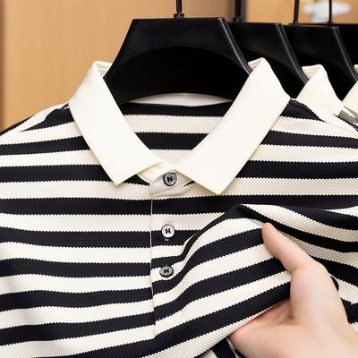 Ny kortärmad T-shirt herr randig pikétröja avslappnad topp sommar is-siden krage T-shirt moderiktig sommaroutfit