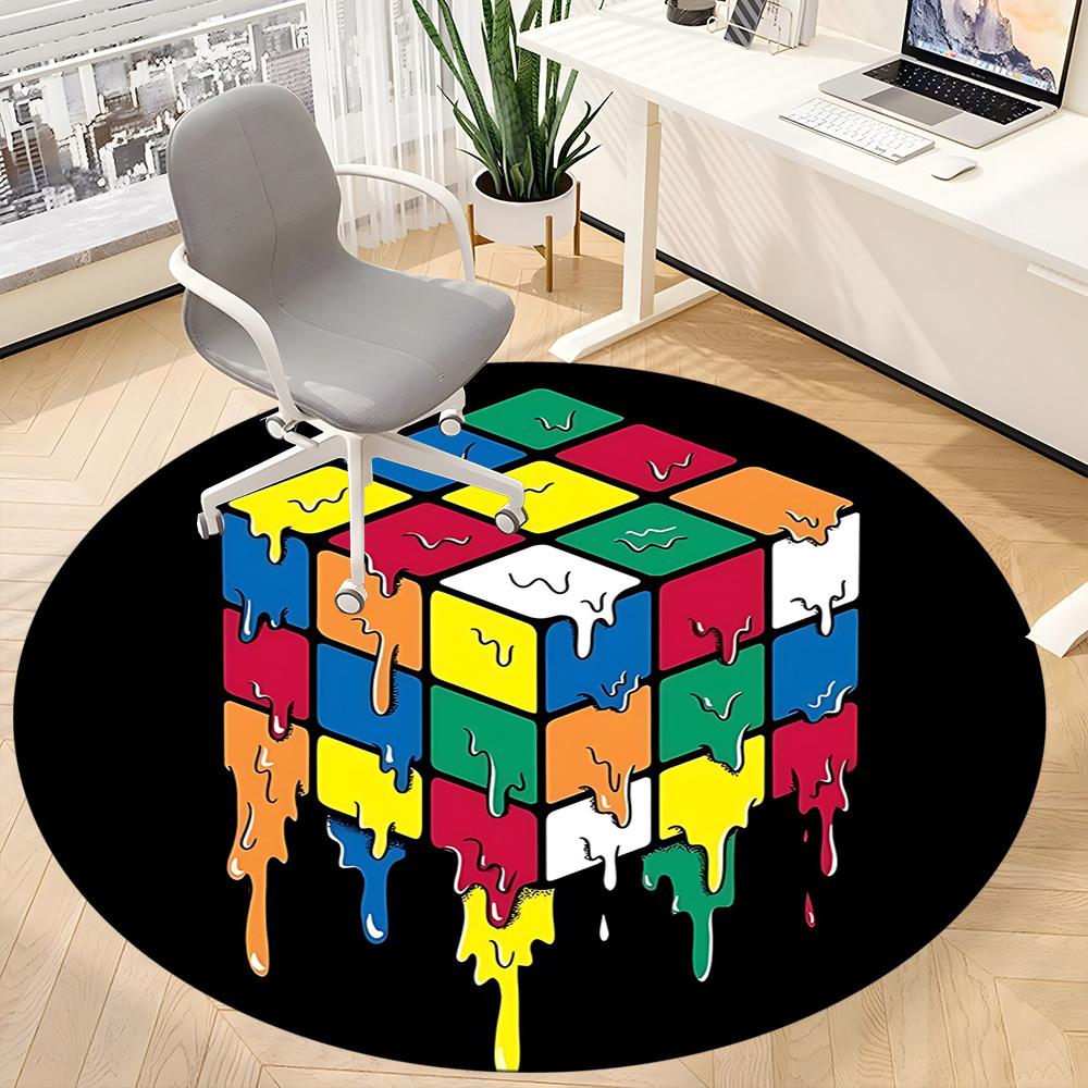 1PC Melting Colors Rubik's Cube Office Round Area Rug,  Mat Suitable ForOffice, Under Office Chairs Bedroom Living Room Home Decor, Room Deco