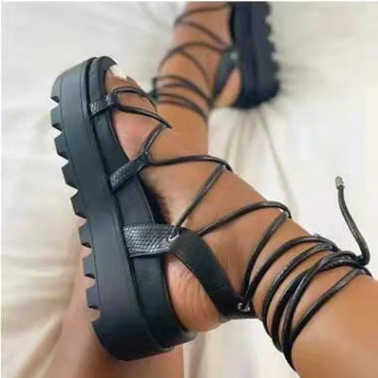 Fashion Cool Black Strappy Platform Sandals - Laced - Up Ankle Detail - Ideal for Fashion  Forward Summer Looks