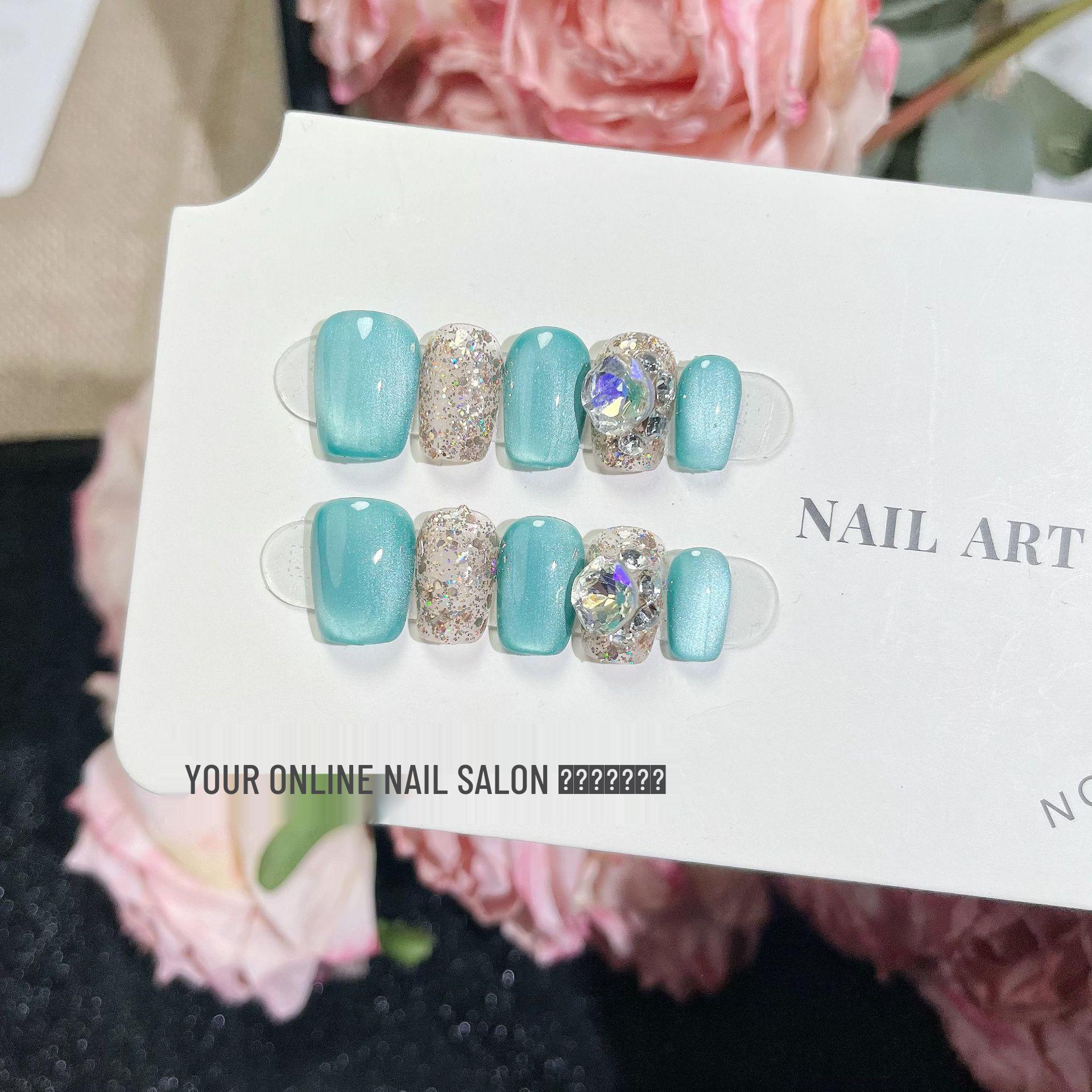 

Наклейки для ногтей Her Water s Edge ручной работы, носимые, с синим кошачьим глазом и бриллиантами, съемные и блестящие Large