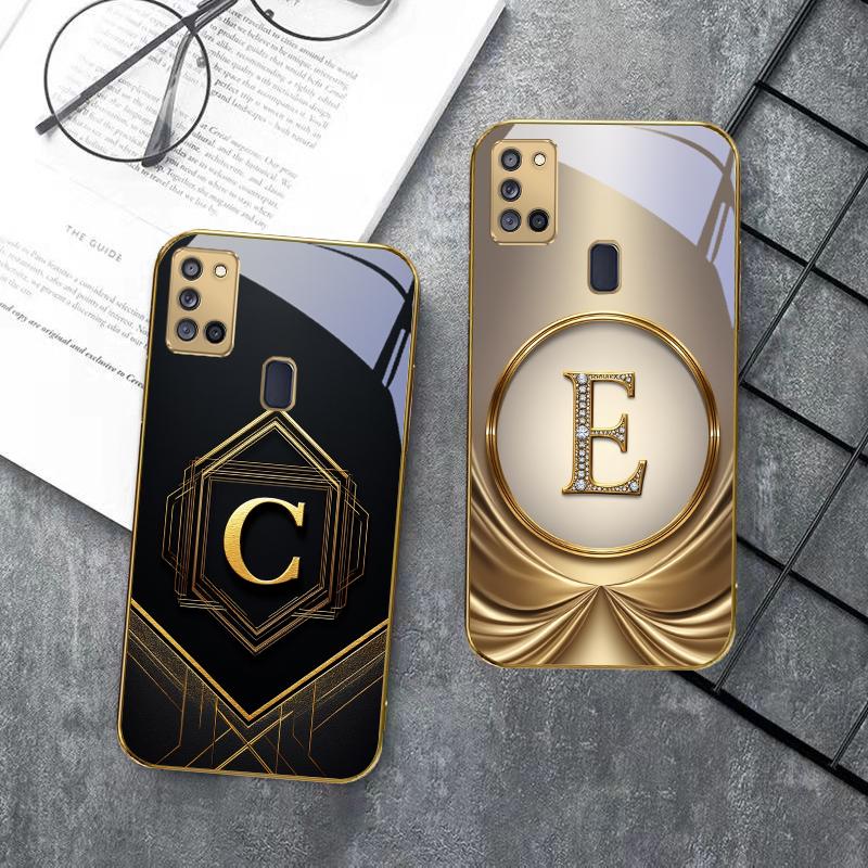 Gorgeous letter gold "R" For Samsung A 31 32 A33 A34 35 14 A15 13 16 25 26 50 52 53 54 55 56 70 71 72 73 Golden glass phone case