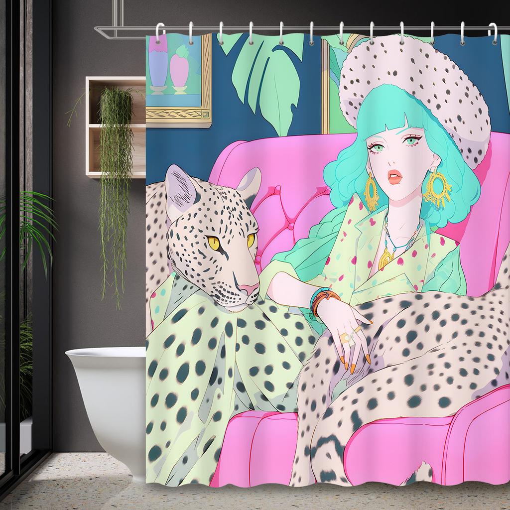 Stilvolle Frau mit Leoparden-Duschvorhang, wasserdicht, für moderne Badezimmerdekoration, 72x72 Zoll, langlebig und einzigartiges Design