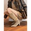 Botas de cavaleiro de lã até o joelho, retro, camurça, bico fino, salto grosso, salto alto, botas de cano plissado