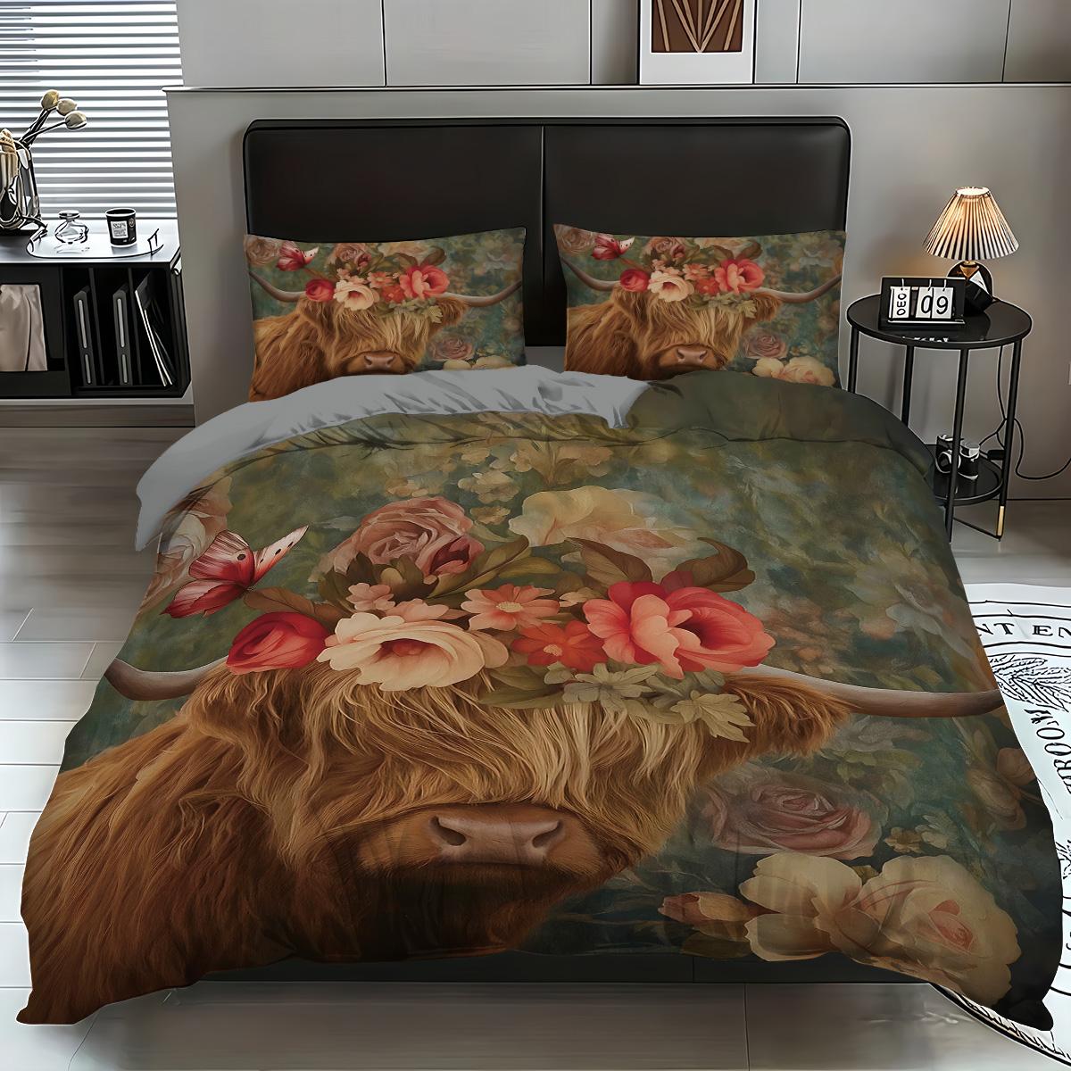 

3pcs Highland Cow Printed Coreless Bedding Set Soft and Comfortable Dormitory Bedroom Decoration Multiple Sizes Machine Washable 135x200cm-EU-Single&set