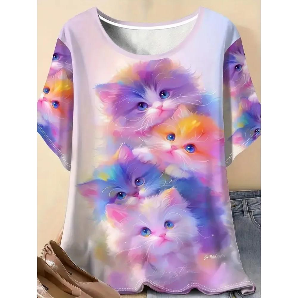 Summer Fashionable Colorful Casual Round Neck Short Sleeved T-shirt Comfortable Breathable Cute Animal 3d Printed Versatile Loose Women's T-shirt